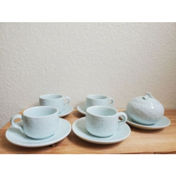 10 Piece Tea Cups Saucers Creamer‎ Set Chinese Pale Green Textured Floral - Picture 2 of 10